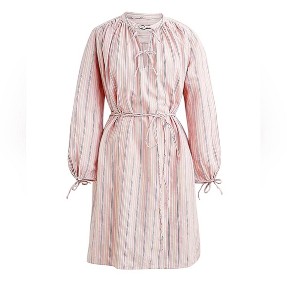J.Crew Pink Striped Bow Tie Long Sleeve Cotton Poplin Dress M-L Cottage Vintage - Picture 3 of 16